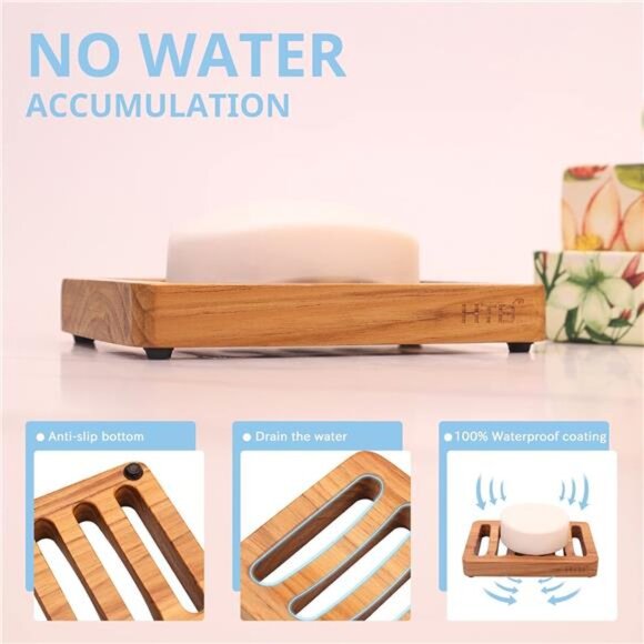 Teak Wood Soap Dish Slotted Shower Sink Bathroom Bathtub Self Draining Holder - Picture 6 of 7